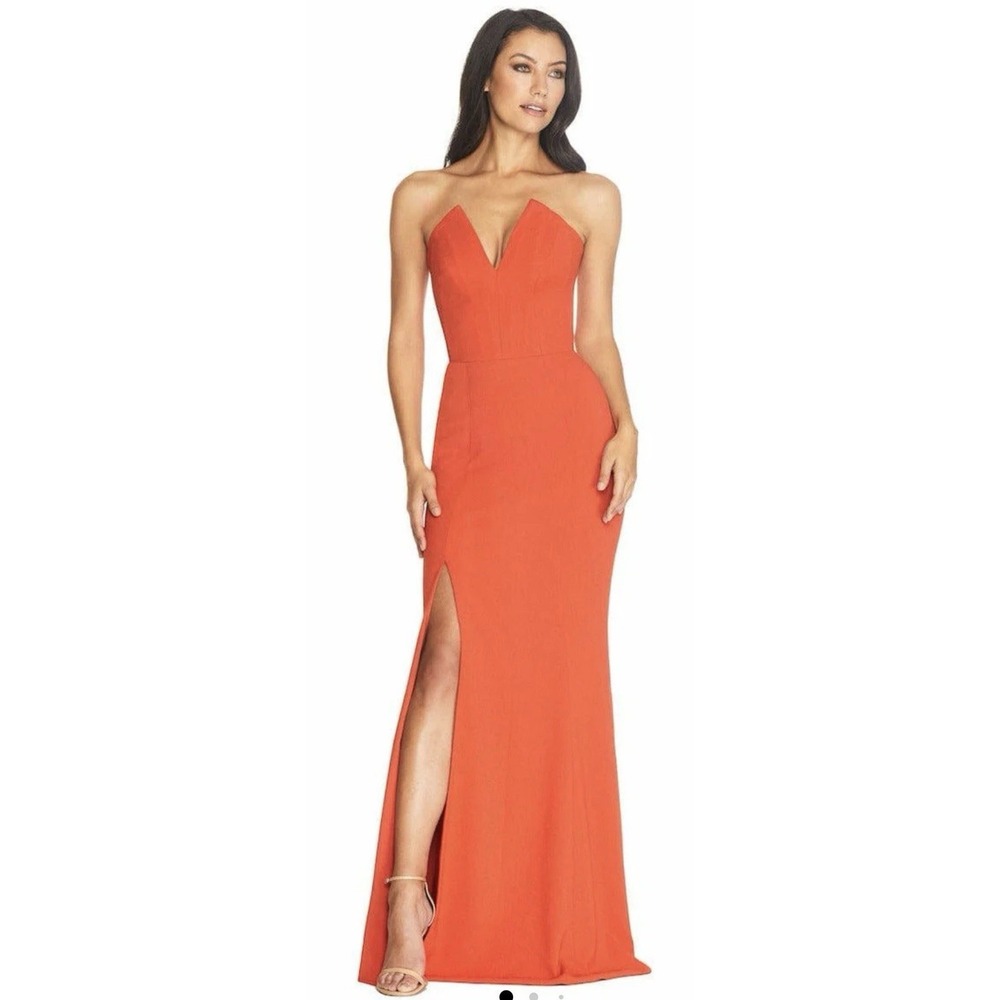Dress the Population Fernanda Maxi Dress Strapless V Neck Gown Poppy Orange L